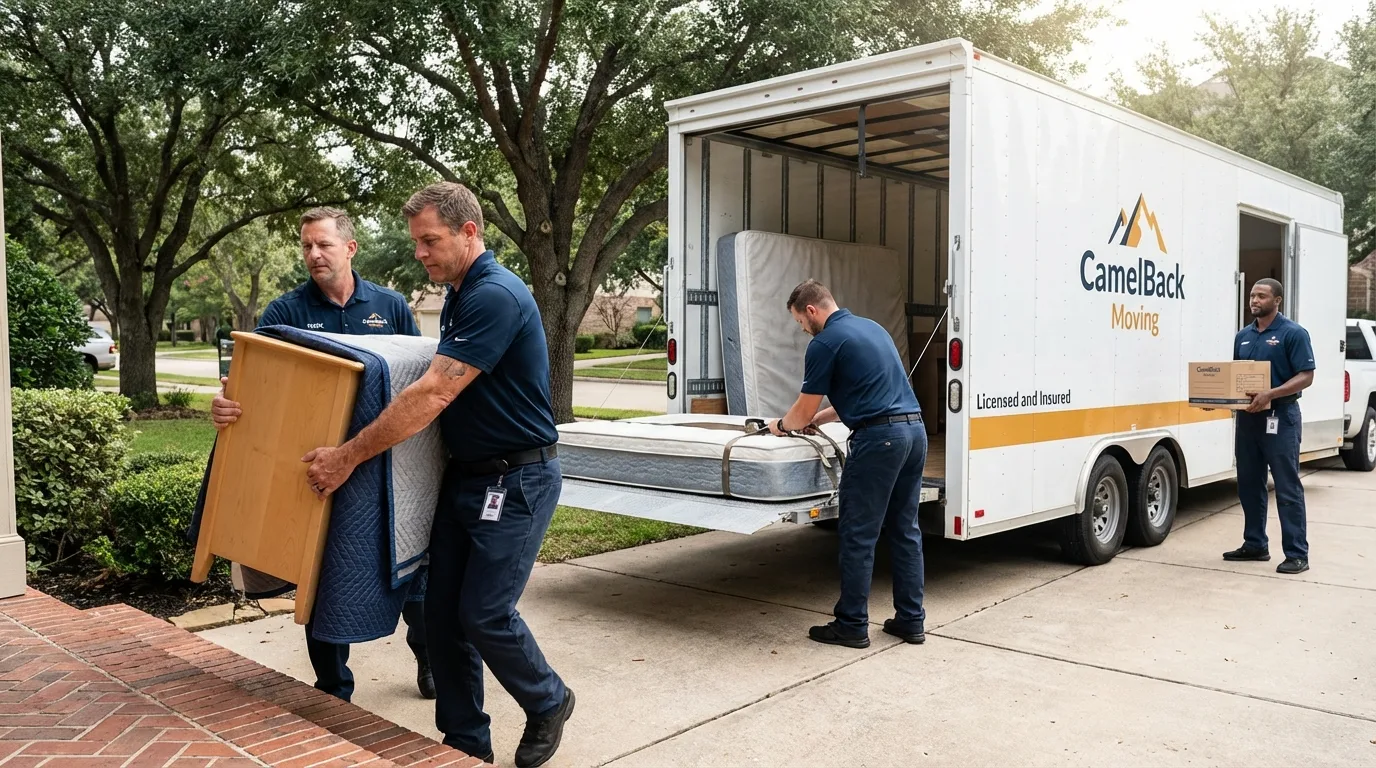 Crew loading residential truck for cross-state move from Glen Oaks, NY