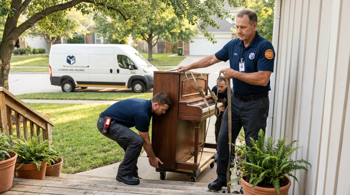 Licensed piano movers securing grand piano in Glen Oaks, NY