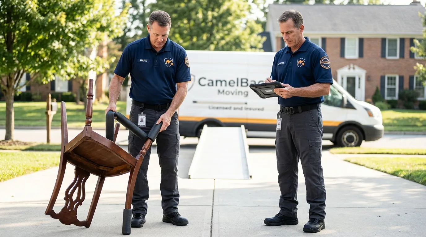 Movers inspecting furniture for damage prevention before loading in Glen Oaks, NY