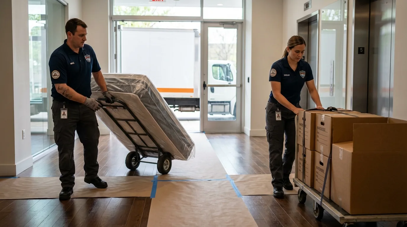 Professional apartment movers loading elevator in Glen Oaks, NY