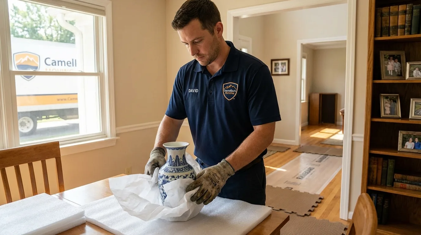 Professional crew carefully wrapping antique vase for senior downsizing move in Glen Oaks, NY